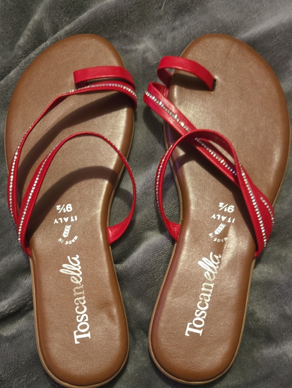 Toscanella Red Strappy Women's Sandals with Decorative Rhinestone Trim